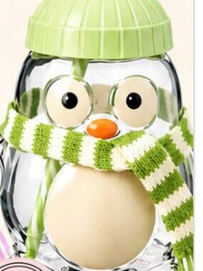 Aldi Green Penguin Glass Cold Cup Tumbler w/ Straw, Lid, Scarf. NWT